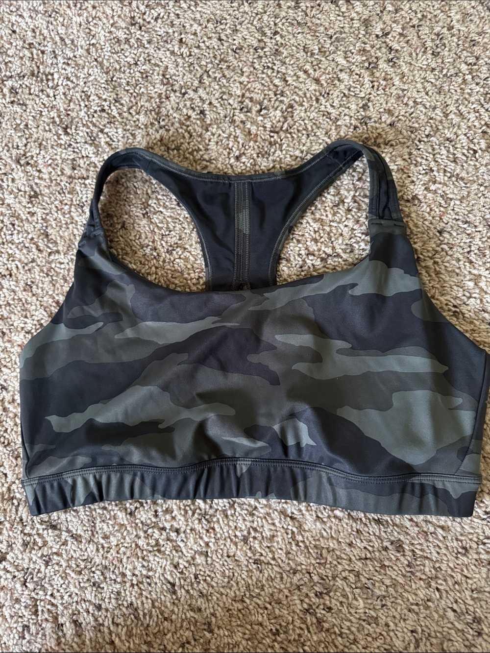 Athleta Camo Racerback Sports Bra in Olive Green and Black